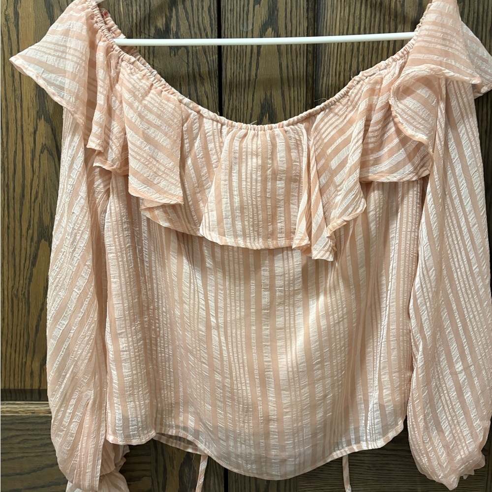Flying Tomato Peach Striped Ruffle Blouse - Picture 3 of 4